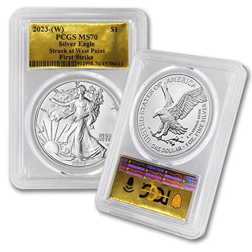 2023 (W) Монети с американски сребърен орел MS-70 с тегло 1 тройунция (Първият удар е нанесен в Уест Пойнт - издател от