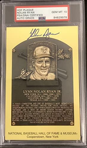 Нолан Райън Подписани пощенска Картичка със златна табелка HOF, Жълт Надпис Rangers PSA/DNA Auto Gem 10 - MLB Cut Signatures