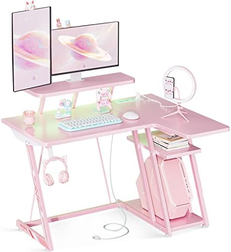 MOTPK Розово Игрална Маса L-образна форма с led подсветка, Малък кът бюро за Компютър 39 инча с Изходи за захранване, Игри