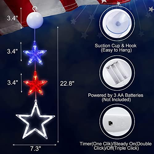 [Timer] Декорация на 4 юли, 3 Опаковки Патриотични червени, бели и сини Междузвездни прозореца фенери с вендузата,