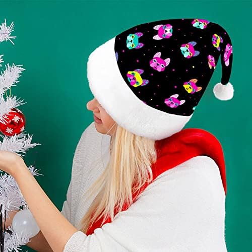 Цветна Забавна Коледна Шапка с Лице Мопс, Шапки на Дядо Коледа, Къси Плюшени Шапки с Бели Ръкавели за Коледното