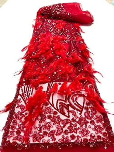PUMCRAFT Червена Лейси Плат, Ръчно изработени Beaded с Пера, Пайети, Френска Окото Лейси Плат за Сватбена рокля - 5 Ярда - 120