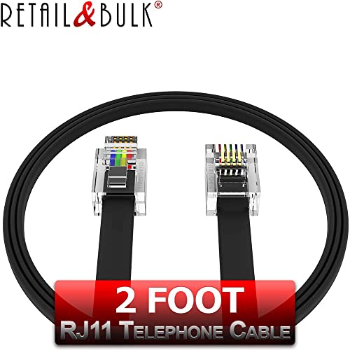 RetailAndBulk 2 Метра Телефонен кабел Премиум качество, телефонен кабел RJ11 от мъжете на мъжа 6P4C (24 инча, черен)