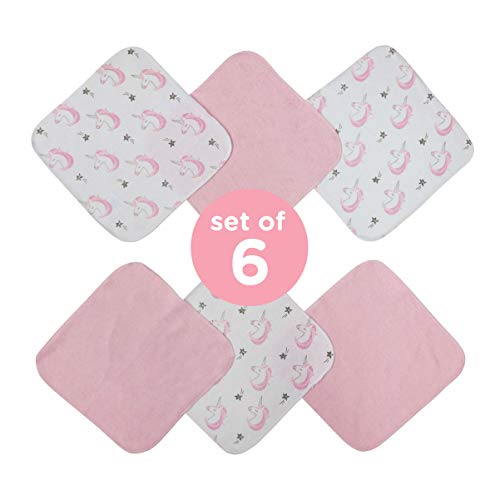 Кърпички за измиване бебета Neat Solutions 6 Опаковки с принтом и Обикновена - Еднорог, Розови, 6 броя (1 опаковка)