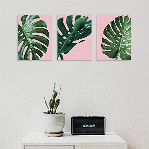 Стенно изкуство растения TutuBeer, Тропически Листа и вода на Розов фон, Тропически Стенен Декор, Зелени Зеленчуци