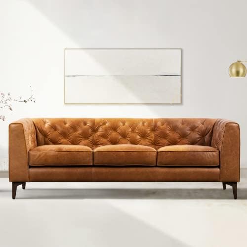 Кожен диван ALEX & MIRA Essex – 89-Инчов кожен диван с ворсистой стол - Диван от естествена кожа, с горна част от пера
