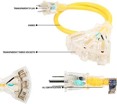 Удължителен кабел с дължина 2 Метра на 3 контакти с осветени край, електрически газа, подходящ за вътрешен / външен употреба,