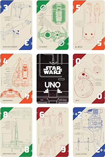 Mattel Games UNO Междузвездни войни Технически схеми на игра на Карти за Деца и Възрастни с Рисунки на Космически станции, кораби и Droid