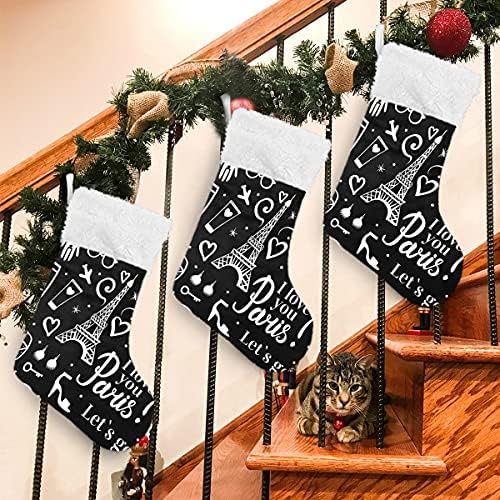 Коледни чорапи ALAZA, 18 инча от Зебло с Големи Бели Прост Айфеловата Кула и Плюшени чулками-белезници от изкуствена