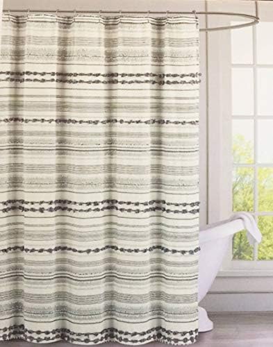 Тъканта Завеса за душ от колекция Pure в ретро стил Кънтри със сиви лъчи и вшитыми сиво вертикални нишки на бял кърпи