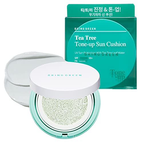 BRING GREEN Tea Tree-Tone-up Sun Cushion SPF 50 | Дневен Корейски Слънцезащитен крем за чувствителна кожа, Склонна към акне,
