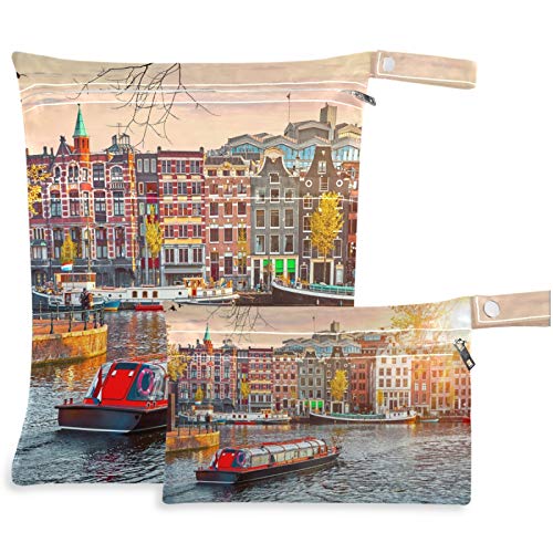 visesunny Амстердам, Холандия, House River, 2 бр., Влажна чанта с джобове с цип, Моющаяся, Множество, Голям за Пътуване, плаж,