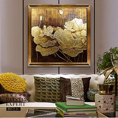 Ръчно Рисувани с маслени Бои, Структурата на Златния Лотос - Ретро Цвете, Растение, Модерна Квадратна Стенни Живопис на Големия