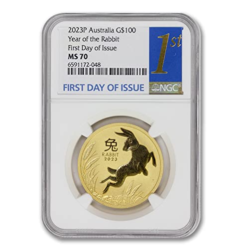 Златна монета на MS-70 Австралийската лунна серия III Year of the Rabbit с тегло 1 унция 2023 година (Първият ден на издаване)