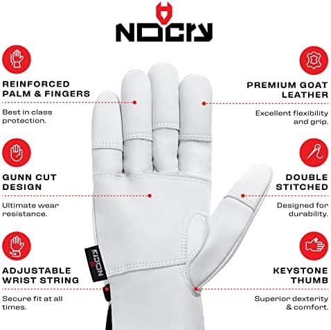 Работни ръкавици от кожа NoCry с укрепени дланите и пръстите на ръцете и регулируеми запястьями; Изработени