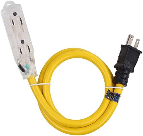 Външен удължител с подсветка - мощен жълта ивица на захранващ кабел от Journeyman-Pro с 3 контакти NEMA 5-15 P на три електрически