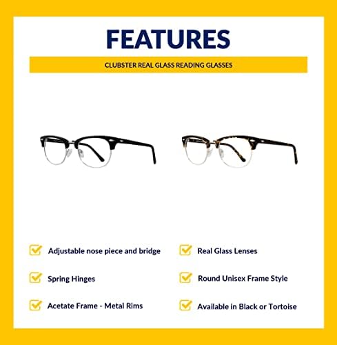 VS EYEWEAR Очила за четене от истинско стъкло с прозрачни лещи от истинско стъкло в пластмасова рамка, за Clubster