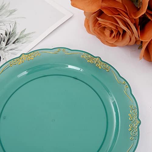 LIYH 100шт Златни и Зелени Пластмасови чинии, Изумрудено-зелени Чинии, Пластмасови чинии за Еднократна употреба,