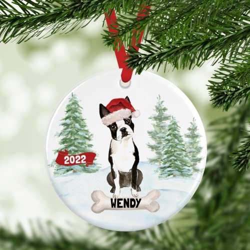 Украса за Коледната елха за кучета Бостън Териер 2022, Персонални Украса за домашни любимци с Името на Кучето, Коледен подарък