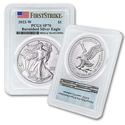 Монета 2022 година с тегло 1 унция от американския полиран сребро с орел SP70 (етикет с флага на първи удар)