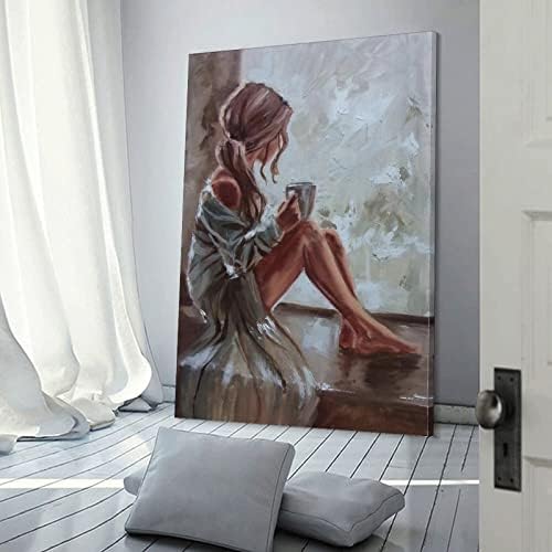 Естетически Плакат за стая, Секси Плакат, Картина с Изображение на Момиче, Седнала на балкона и Пьющей Кафе, Пръстови