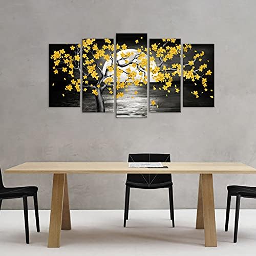 SiMiWOW Жълто-сива картина с цветя на Дърво, Графика, декорация за стени, Пълнолуние, Черешов цвят, Цветен Пейзаж, Живопис,