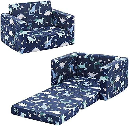Ulax Мебели, детски диван-стол, детско разтегателен фотьойл, foldout разтегателен диван-легло (тъмно син динозавър)