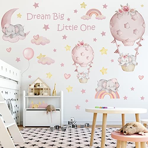 Dream Big Little One Стикери за стена под формата на Слон, Розов Балон, Звезди, Стикери за Стена, декорация на Детска Стая