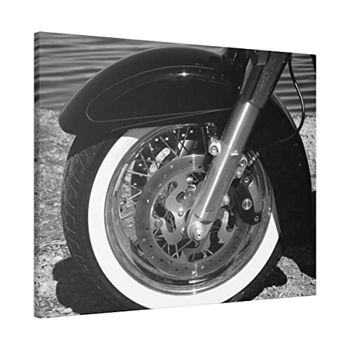 Черно-бяло Предното колело на мотоциклета край езерото 11x14 Матиран Платно, Натянутый в рамка, Готов да бъде обесен на Оригиналната Фотография В Мотоциклетном стил,