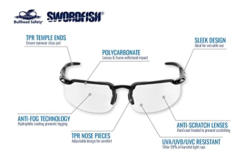 Защитни очила Bullhead Safety риба меч със затъмнени фарове за мъгла лещи, ANSI Z87 +, Защитни очила от поликарбонат с
