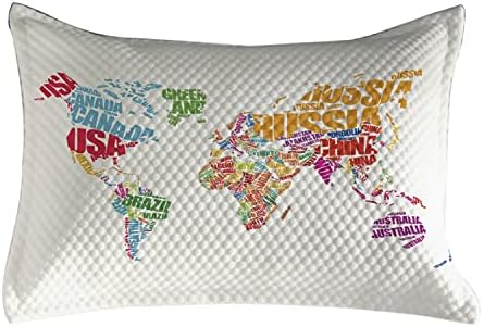 Стеганая Калъфка Ambesonne с карта на света, Тематични Атлас с имена на държави от Европа, Америка, Африка, Азия Графичен стил,