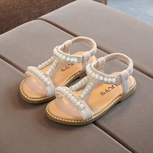 Детски Тънки Сандали с перли, Римска обувки за деца, Обувки принцеси за момичета, обувки за ходене с кристали за бебета (Бежово,