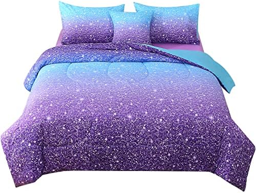 Комплект спално бельо JQinHome Queen синьо-лилав на цвят, легло в леглото от 6 теми, 3D Цветен комплект спално бельо