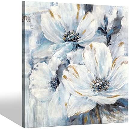 Стенно Изкуство Платно Синьо Цвете: Хол Абстрактна Бяла Лилия Цвете Живопис Голяма Ботаническа Цвете Текстурирани
