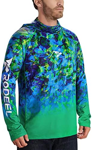 Rodeel UPF 50+ Мъже Риза за Риболов и Туризъм с Дълъг Ръкав и гмуркане с Шнорхел, Hoody-Гетра с UV-Защита на Врата