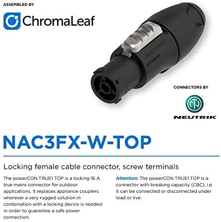 Захранващ кабел ChromaLeaf | Оригинален Neutrik PowerCon TRUE1 (NAC3FX-W-TOP) за Edison (NEMA 5-15 P) | 14 AWG
