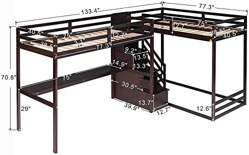 Двуетажно легло L-образна форма Cotoala Twin Size с вградена Средна стълбище, Foldout Дървена рамка легла 3 в 1 с