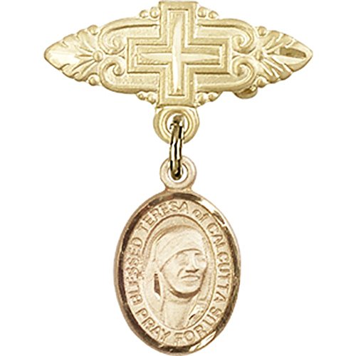 детски икона от жълто злато 14 карата с амулет Света Тереза Калькуттской и Игла за Икона с Кръст 1 X 3/4 инча