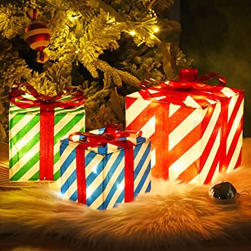 Комплект от 3 Коледни подаръци кутии с подсветка за коледна украса, Светещ подарък кутия с 60 led светлини, идеална за