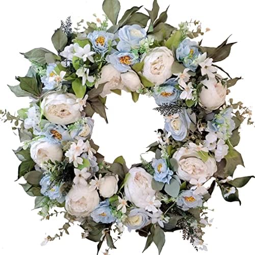 WANNA-CUL 24-Инчов Пролетен Цветен Венец от Бял Божур за Входната врата с Детска Синя Роза за Сватба или Домашен Декор