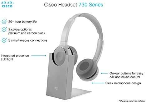 Cisco Headset 730, Безжична Двойна Bluetooth слушалка с калъф, Bluetooth адаптер USB-A, HD, USB-A, Кабели 3,5 мм, Поставка