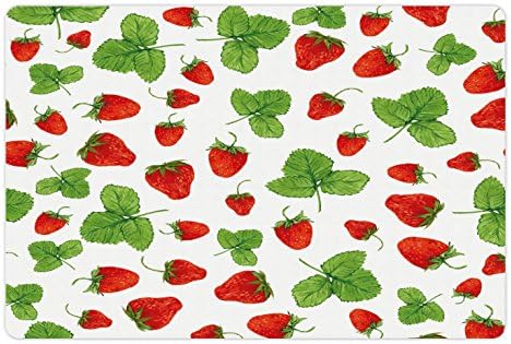 Foldout Подложка за домашни любимци Nature за храна и вода, Ягоди със Зелени Листа, Боядисани Ръчно Илюстрация Свежи