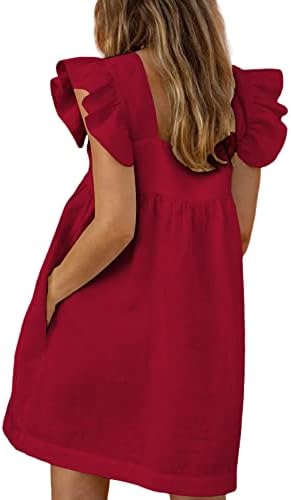 Aiivcxy Мини-рокля без ръкави с рюшами, Сарафан на бретелях с рюшами и квадратни деколтета Babydoll (S, Червено Вино)