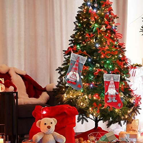 Adurself 2 Опаковки, Коледни Чорапи, 18,9 Tomte Джуджетата Големи Чорапи Червен Сив Блок на Дядо Коледа Подарък Чорапи