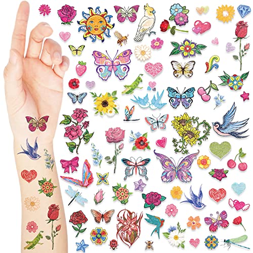 390 Бр., Брилянтна Временна татуировка във формата на пеперуда и Цвете за момичета, Блестящи Стикери с татуировки във формата