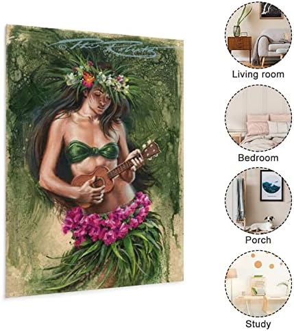 Хавайски Момиче Хула Живопис с маслени бои Секси Тропическа Китара Момиче Плакат Платно Изкуство Плакат на Стенно Изкуство,