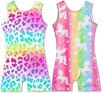 Комплект Гимнастика Трика за момичета с Цветно Леопард и Малки деца, Спортен Бански костюм с Розови Единорогом,