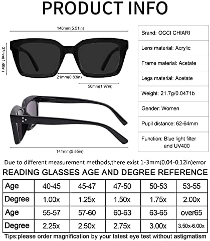 OCCI CHIARI Големи Слънчеви очила-Ридеры за Жени 2.25 Слънчеви очила за четене с увеличаване на Outdoor UV400(1.0 1.25