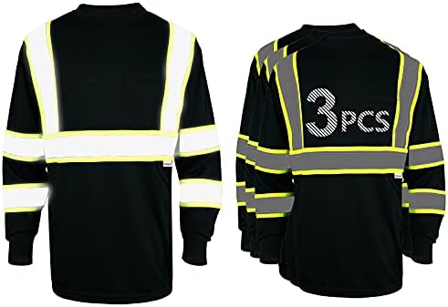 Защитно риза Pomerol с дълъг ръкав, Светоотражающая, с висока видимост, на 3 опаковки, Дишаща Черна Защитна тениска Унисекс с лента Hi-Vis и на преден пакет за Работа, на Ве?
