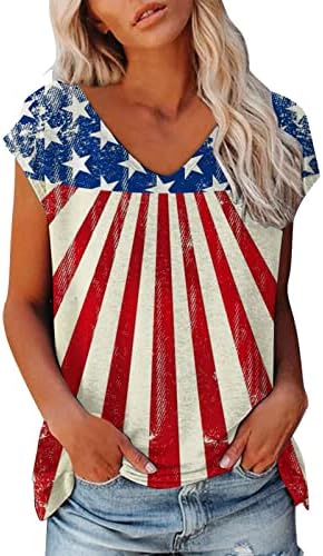 Блузи с дълбоко V-образно деколте За Момичета, Къс Ръкав, Флаг на САЩ, Графичен Измама, Тънка Туника, Върхове